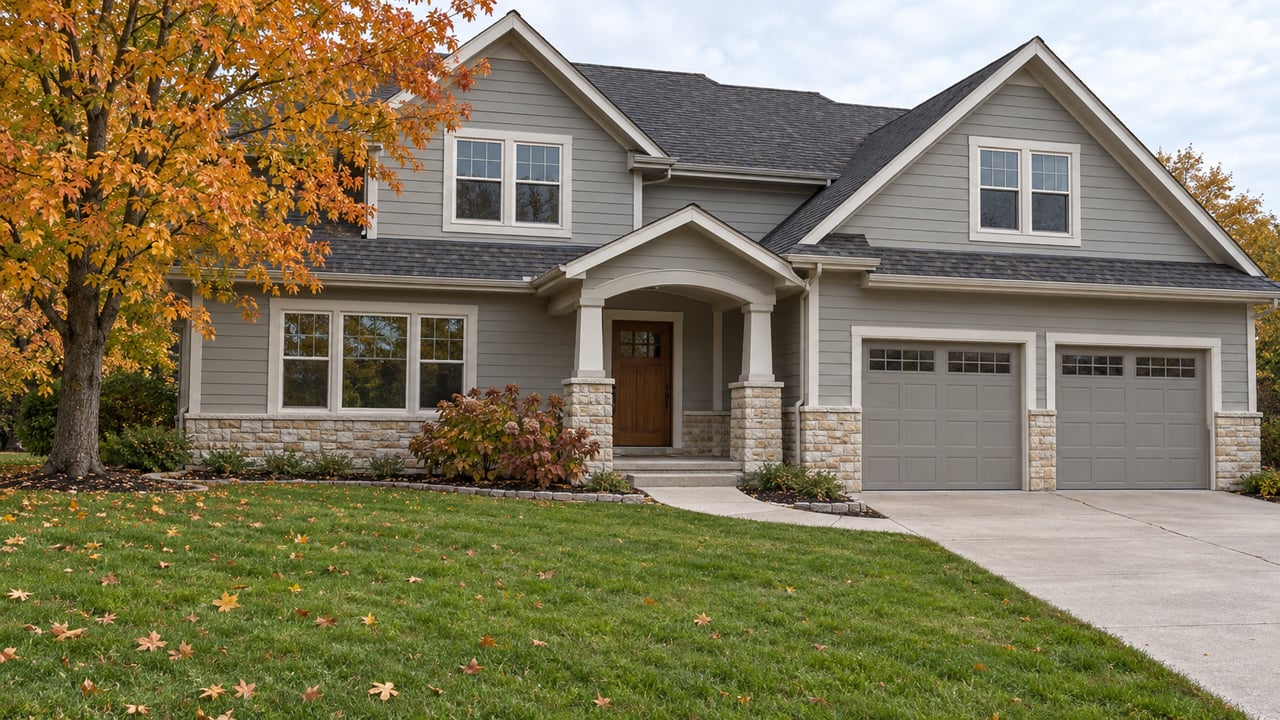 Stone-gray gabled house with a covered stone entry, two garage bays, a deep green lawn and an amber-leaved sugar maple.