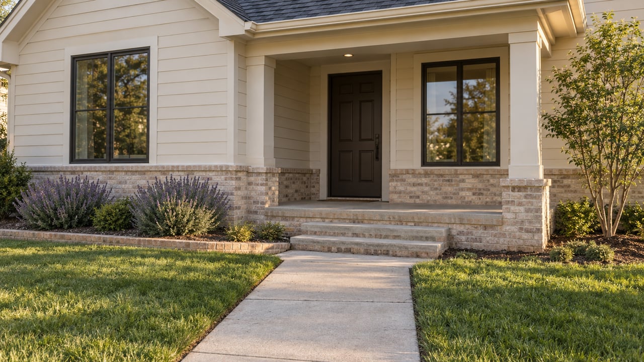 Off-white lap-sided home with a recessed dark door, brick porch base, concrete walk, lavender mounds, and small tree.