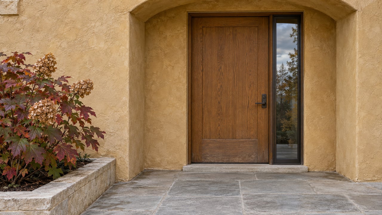Ochre stucco arched entrance with a closed oak door, bronze-framed sidelight, limestone landing and burgundy oakleaf hydrangea.