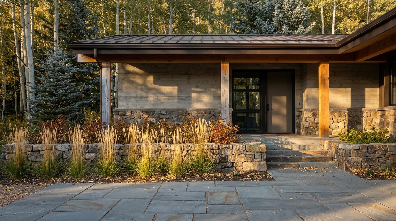 Mountain home entry with stone walls, timber posts, flagstone path, and golden aspens and spruce behind the roof.