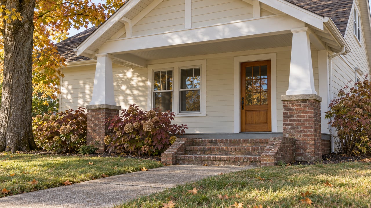 Ivory-sided bungalow entry with brick porch piers, worn brick steps, and autumn oakleaf hydrangeas.