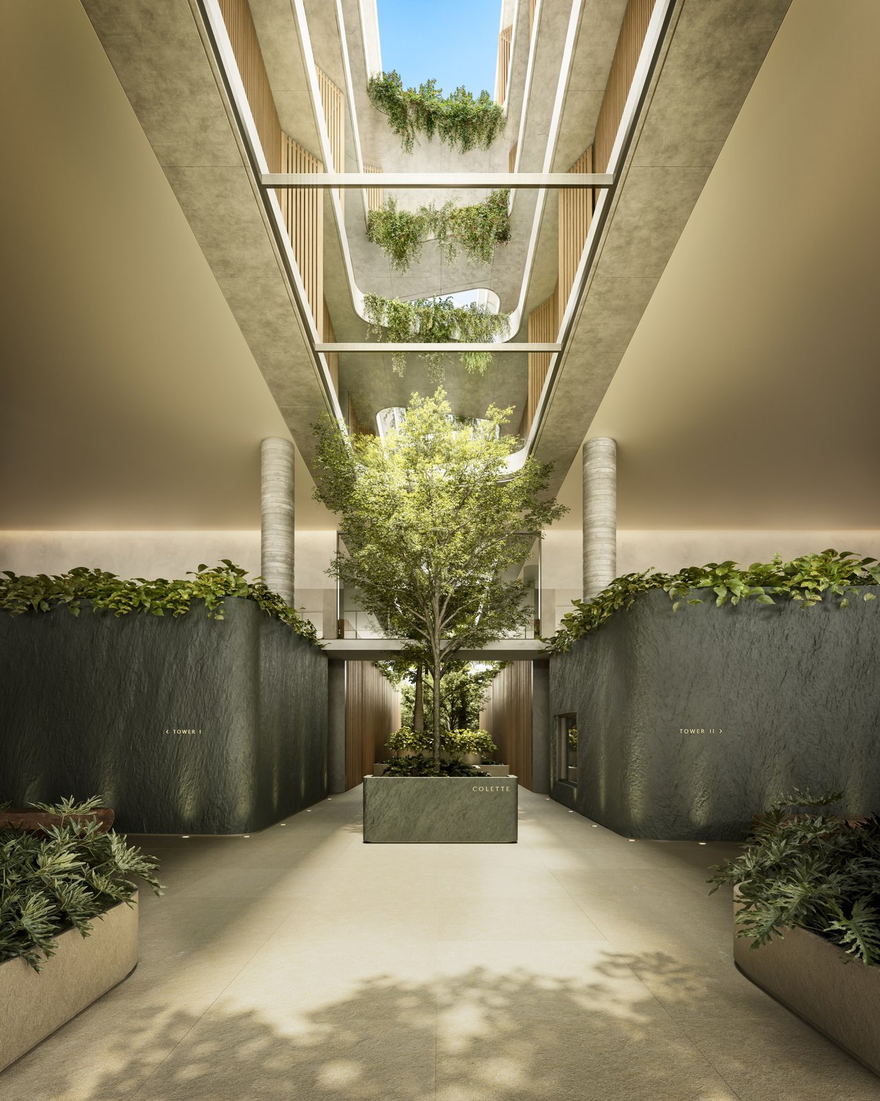 Rendering of the courtyard walkway at Colette Residences in South Brickell, Miami.