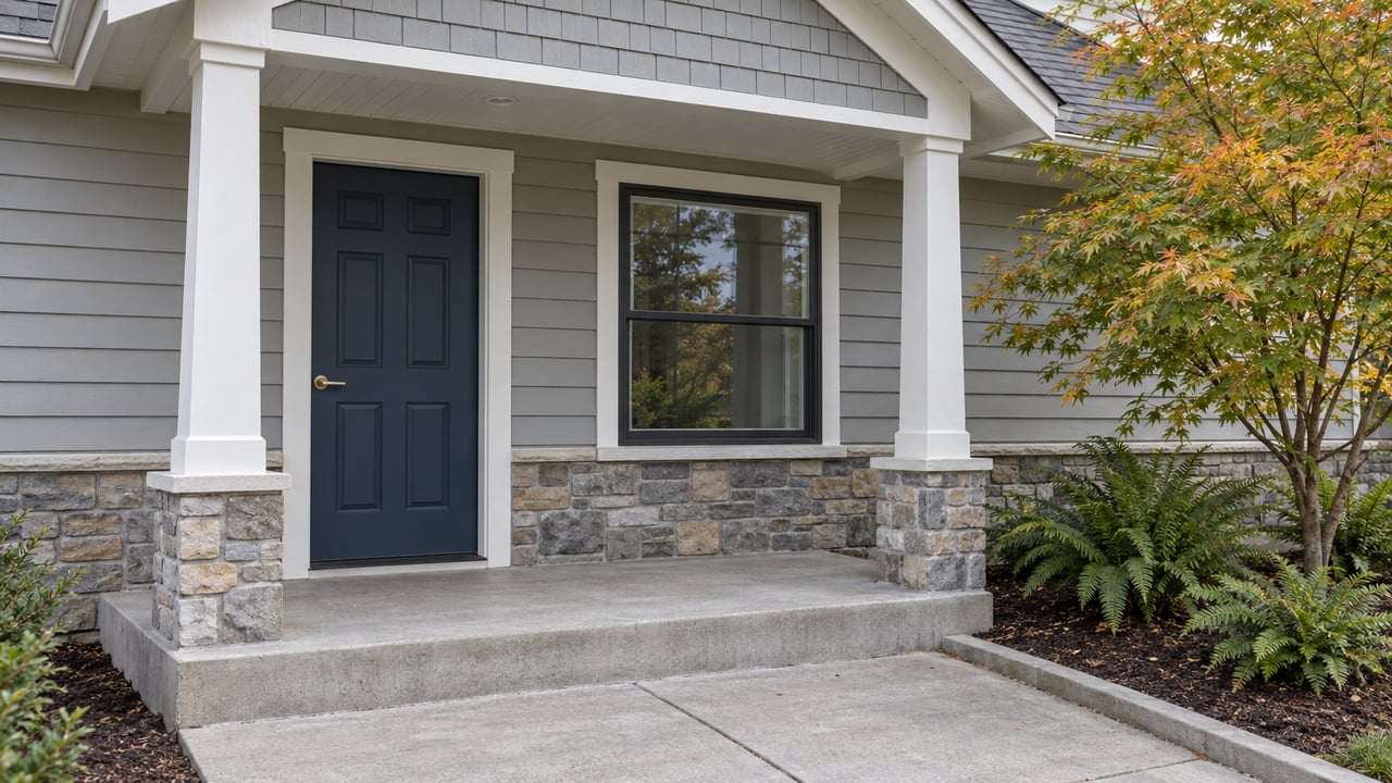 Home front porch with a dark blue door, white columns, stone base, and autumn foliage.