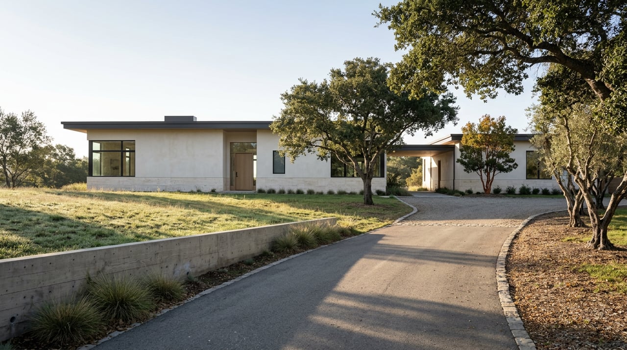 Single-story hillside home with a travertine base, olive-lined drive, and broad oak beside a sloping meadow.