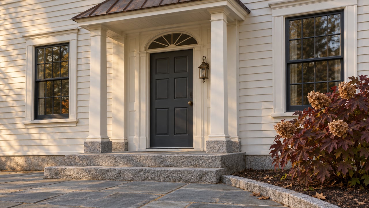 Ivory clapboard home with a charcoal door, copper-roofed portico, granite steps and burgundy oakleaf hydrangea in autumn light.
