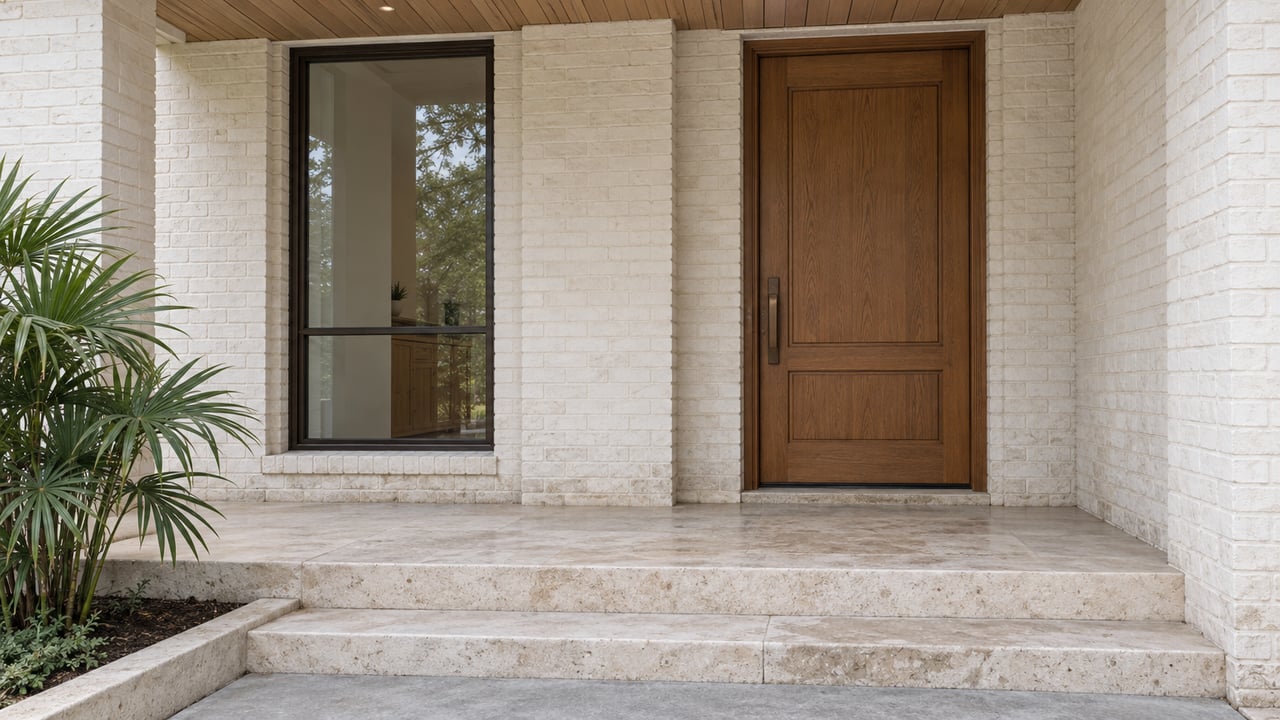 Raised white-brick porch with an oak front door, bronze-framed window, and weathered limestone steps beside a fan palm.