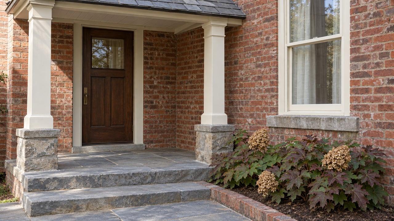 Covered brick home entry with an oak door, ivory sash window, worn stone steps and oakleaf hydrangea.