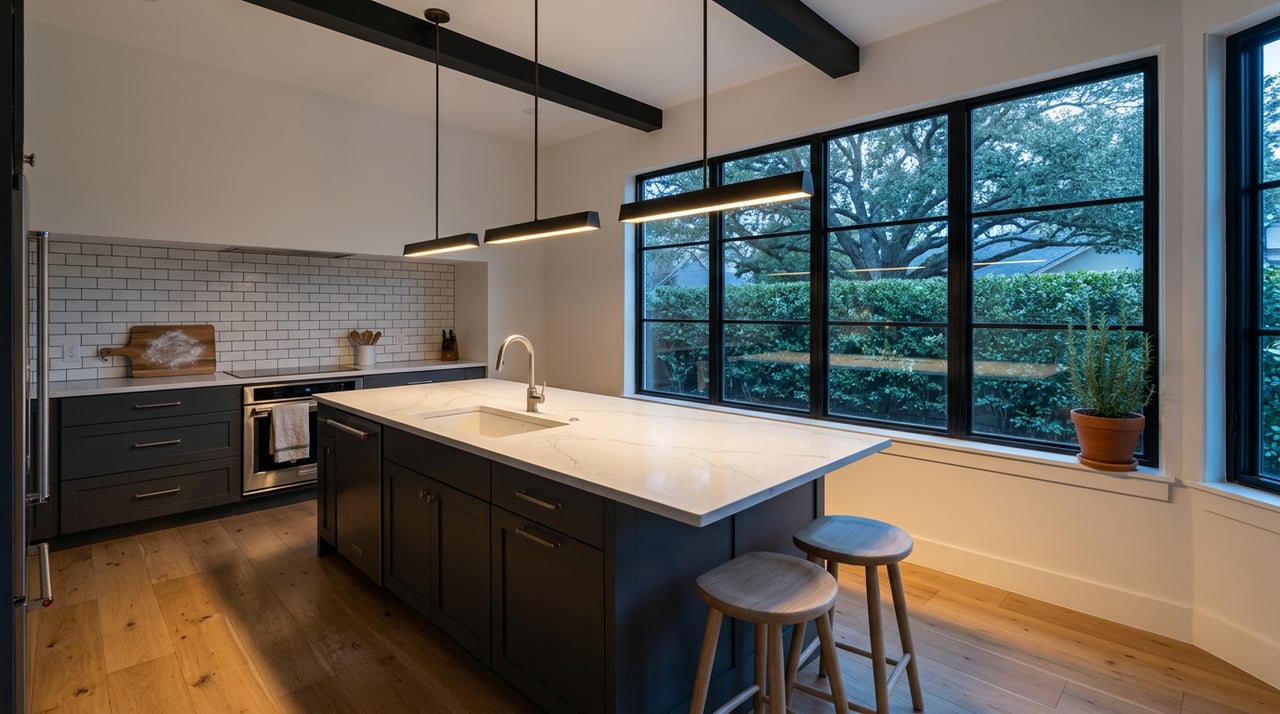 Kitchen island beneath three blackened-brass pendants, with blue-gray dusk light through black-framed windows.