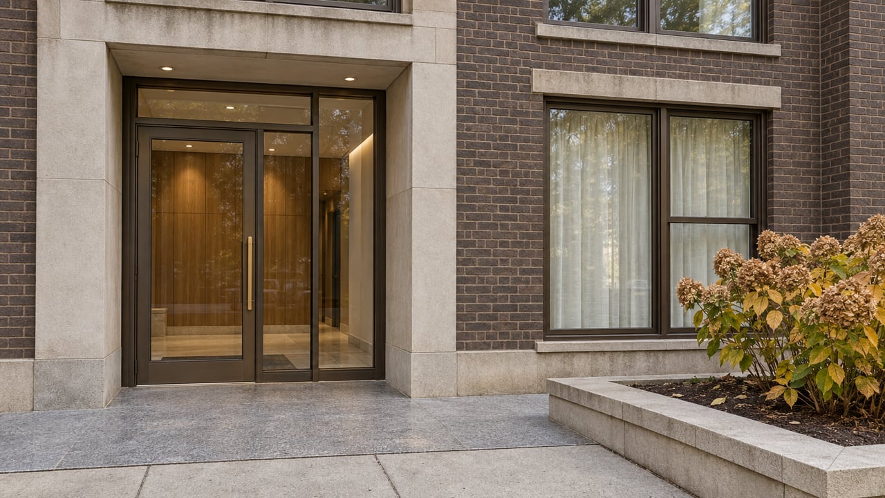 Bronze-framed glass apartment entrance set into brown brick and pale limestone, beside a raised bed of tawny hydrangea flowers.