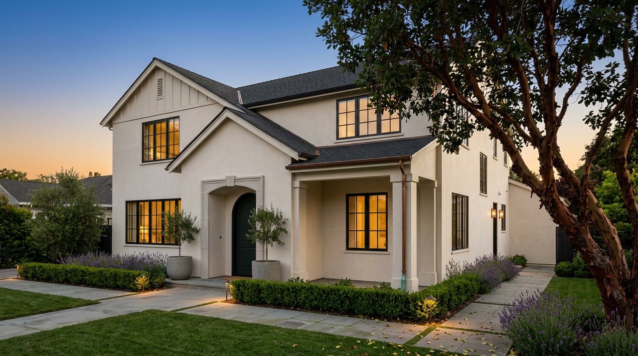 Two-story stucco house with an arched dark entry, glowing windows, paver walkway, and a red-barked tree at dusk.