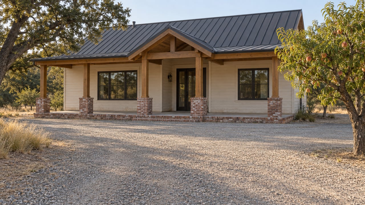 Single-story cream-sided house with a timber porch, gravel forecourt, and peach tree at right.