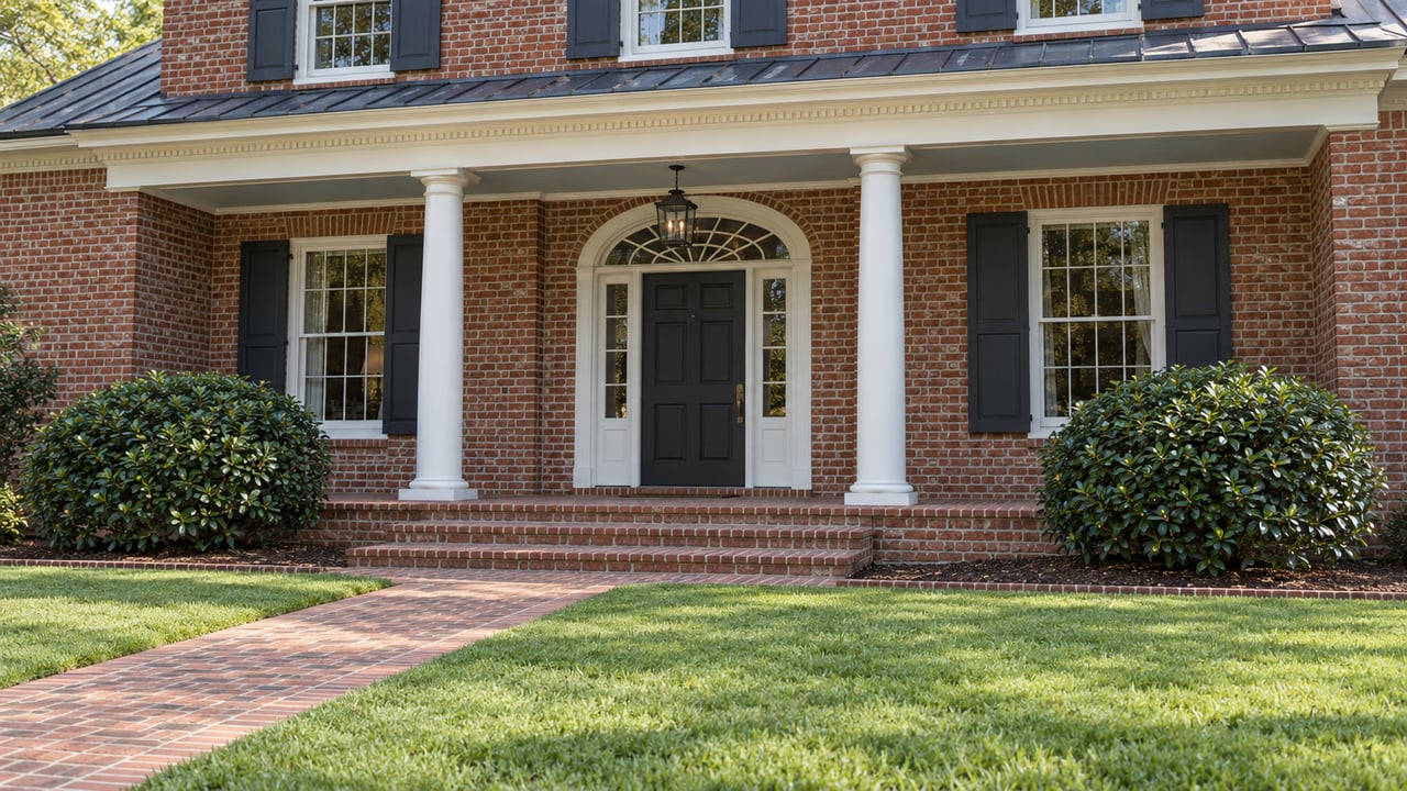 Red brick home with a white-columned porch, divided-light windows and a brick approach across a broad lawn.