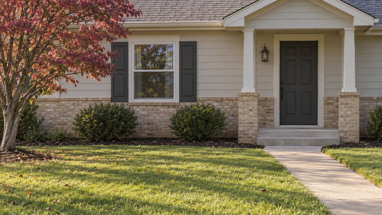 Single-story home with pale siding, buff brick, a recessed charcoal door, and a concrete walk across the lawn.