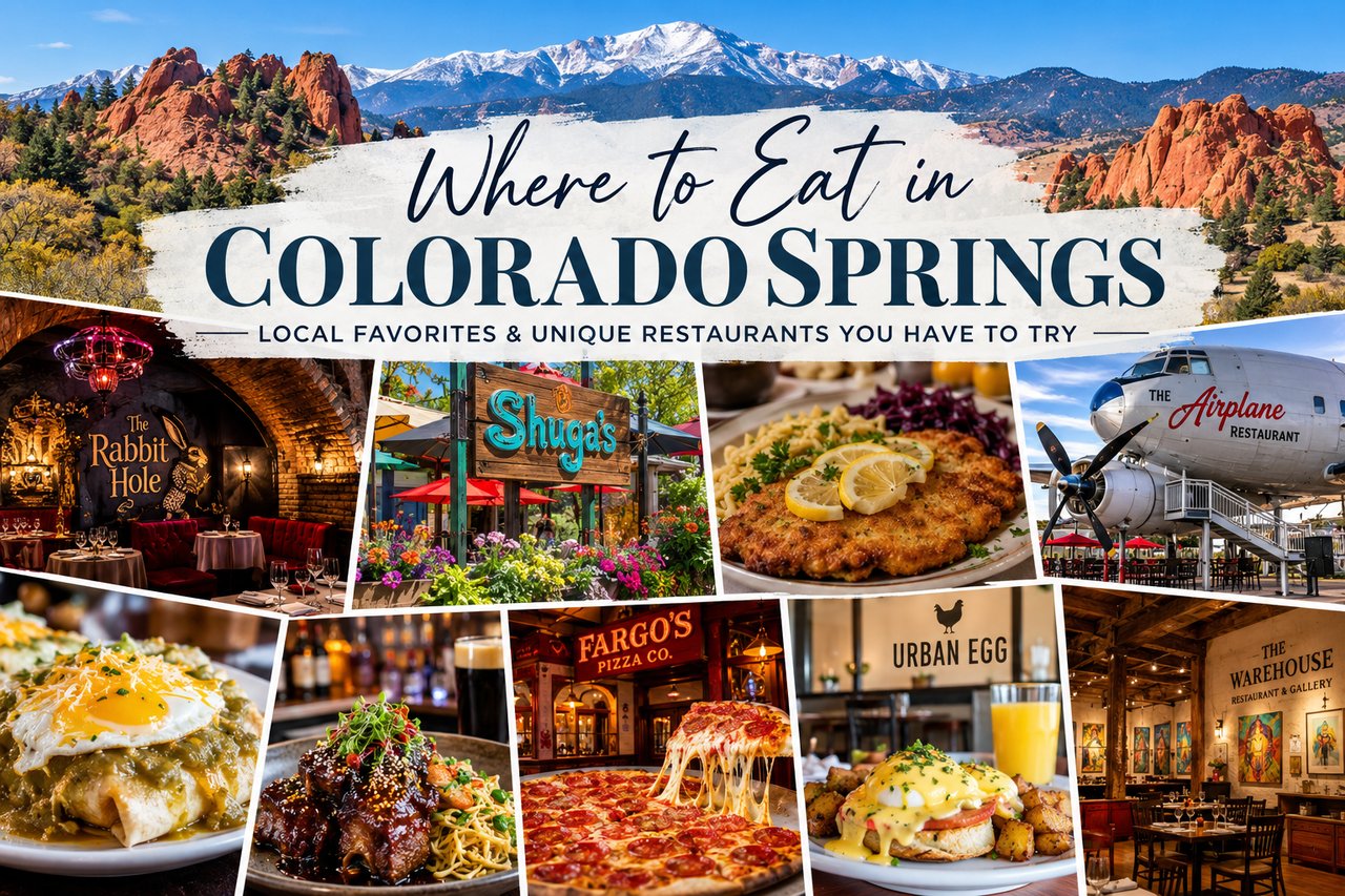Where to Eat in Colorado Springs: a collage of local restaurant signs, interiors, dishes, and mountain scenery.