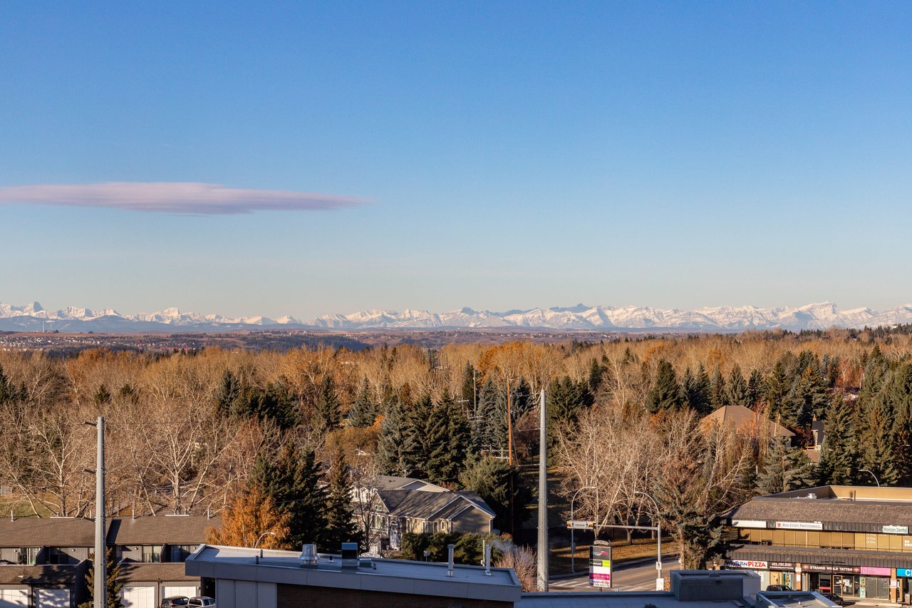 View over Varsity Calgary with mature trees and the Rocky Mountains in the distance