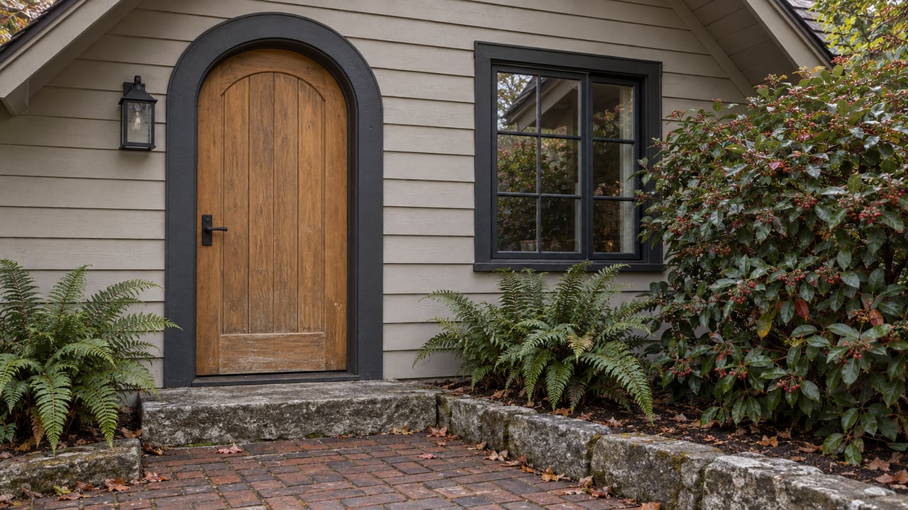 Weathered cedar cottage door beneath a shallow arch, beside a divided-light window and ferns.