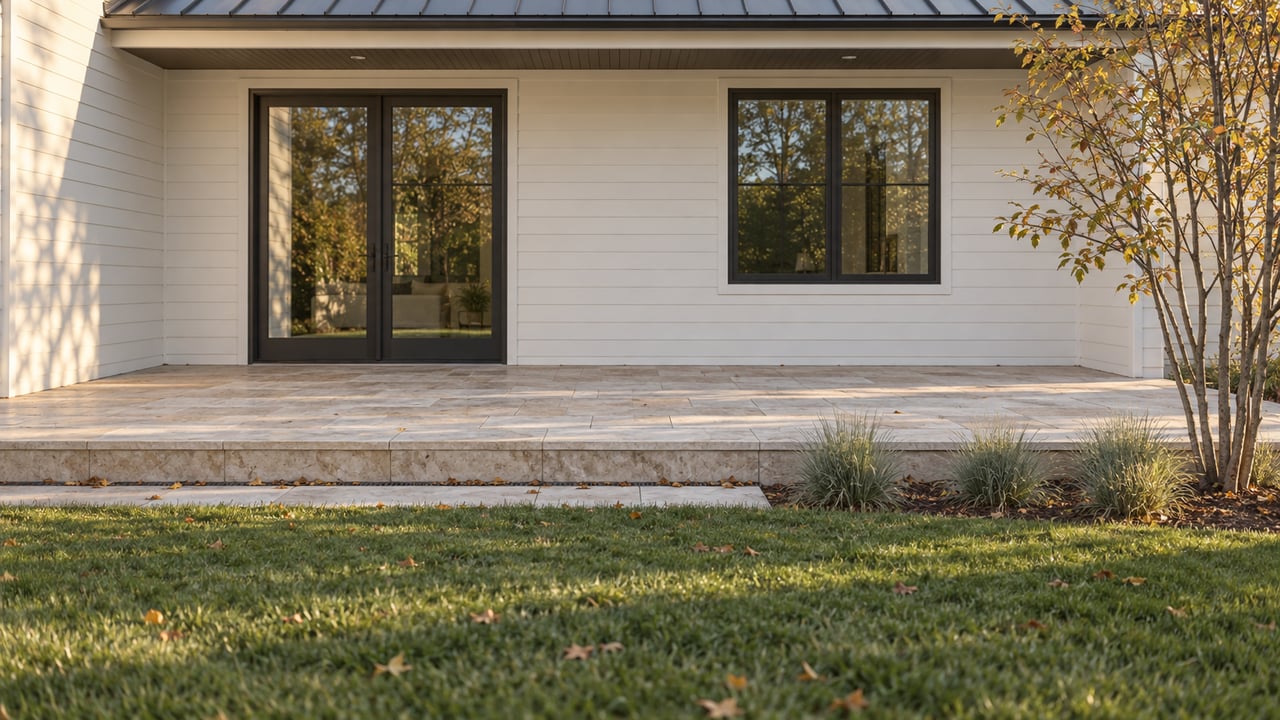 White-sided house with black-framed patio doors and window, limestone terrace steps, lawn, and tree.