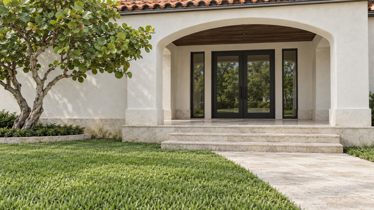 White stucco villa entry with a terracotta roof, limestone steps, black-framed glass doors and a sculptural sea grape tree beside the lawn.