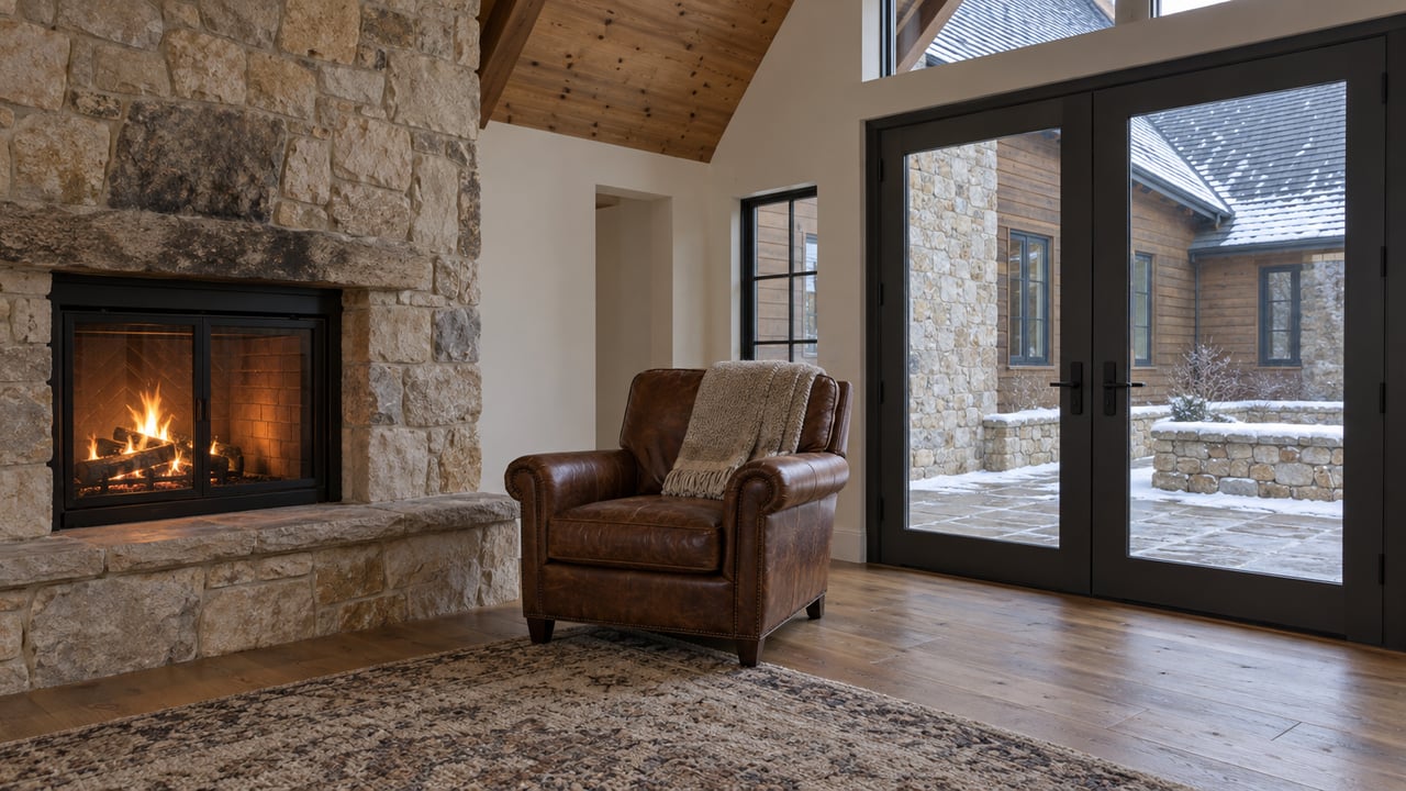 Warm timber and stone sitting room with a leather armchair and closed French doors overlooking a snow-dusted terrace.