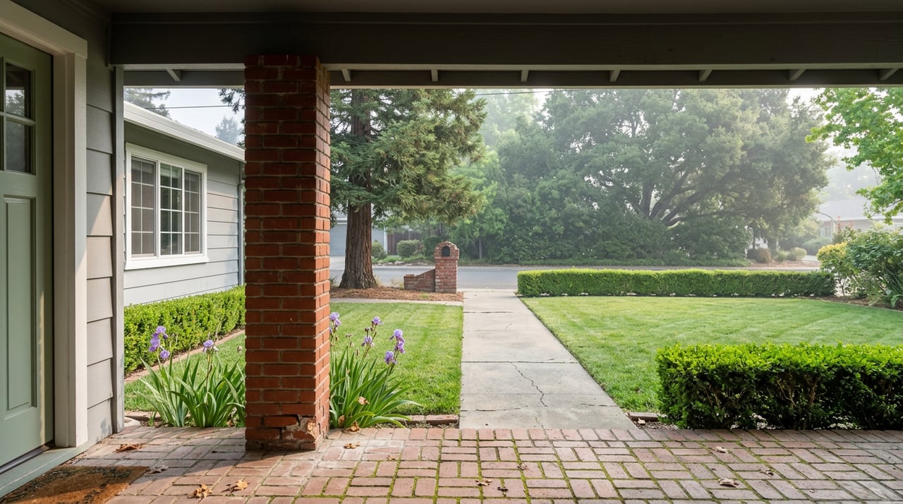 View from a brick porch across a lawn and central walkway to a brick mailbox and screened street.
