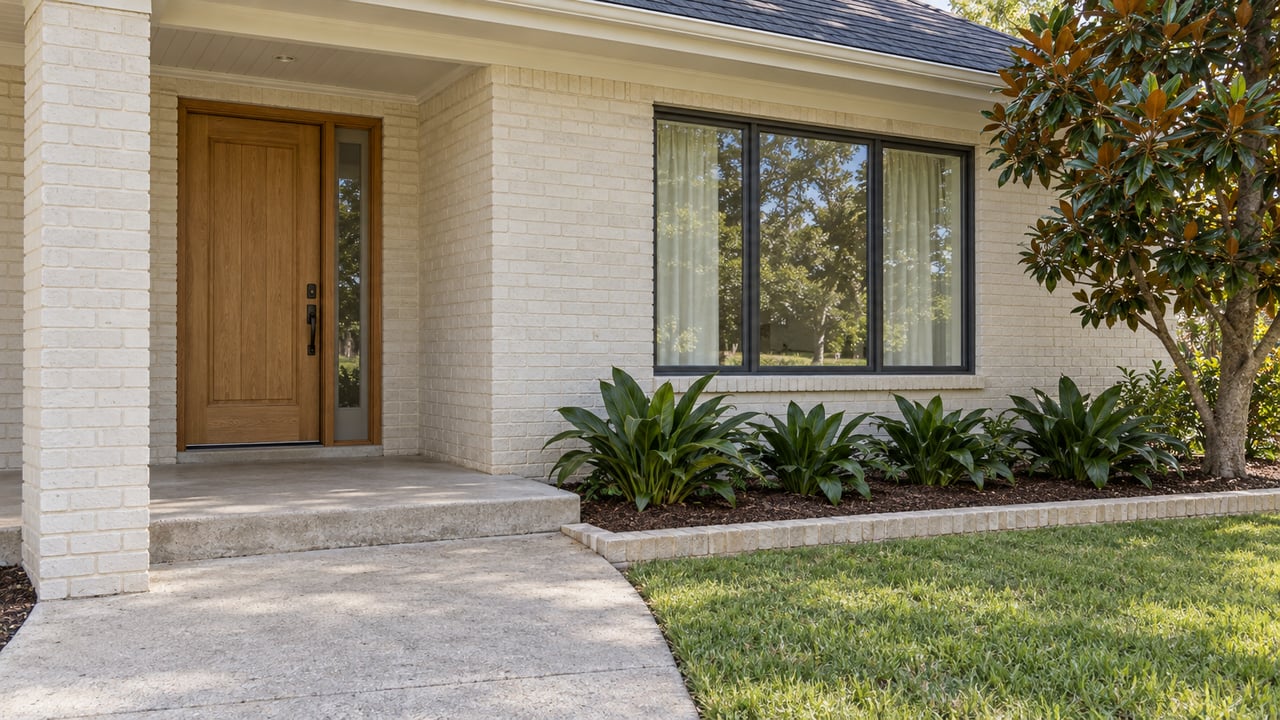 Covered brick entry with an oak door, charcoal-framed window, concrete approach and magnolia planting beside a lawn.