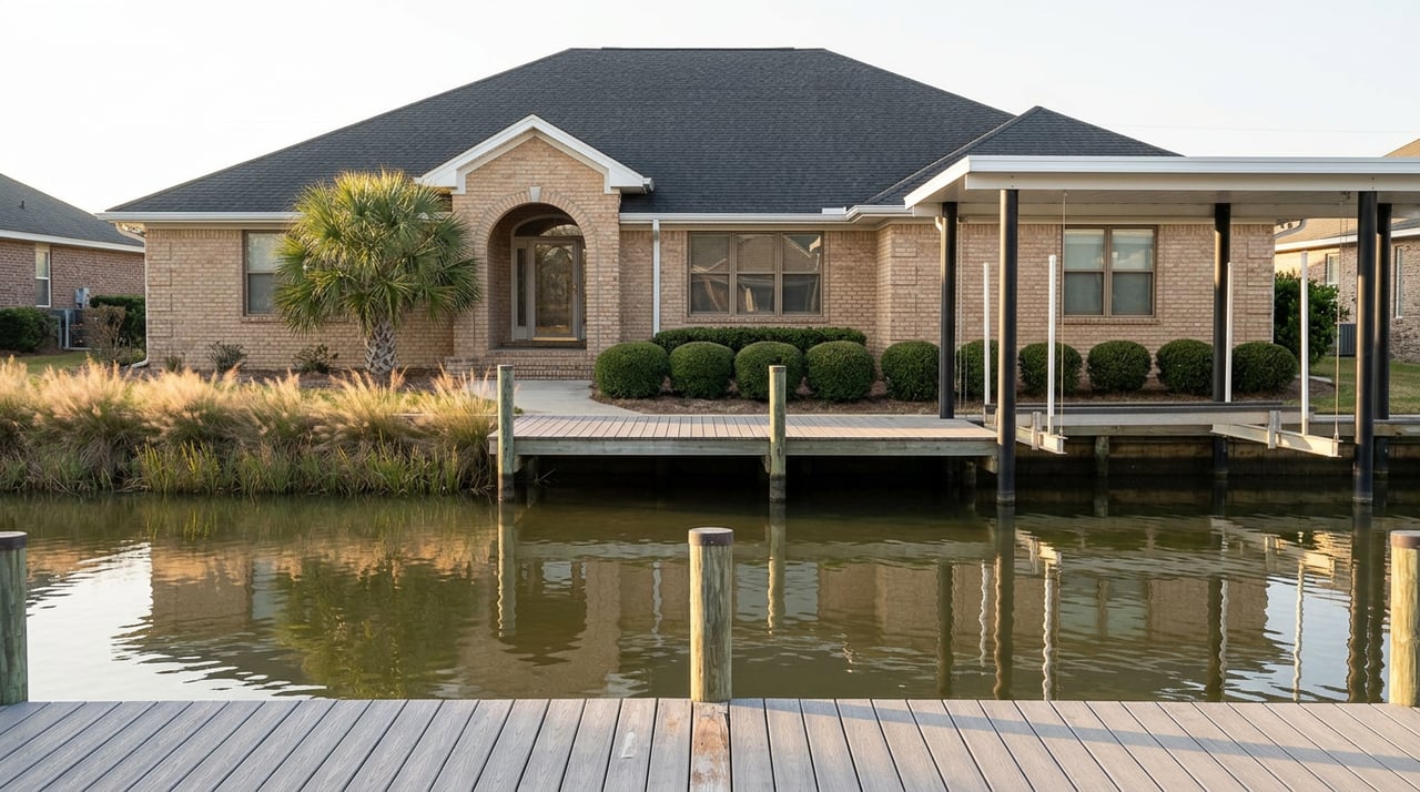 Buff brick canal-side home with an arched entry, dock, palmetto, and empty covered boat lift reflected in calm water.