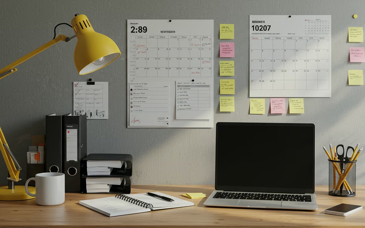 Home-office desk with a laptop, open notebook, wall calendars, sticky notes, and yellow lamp.