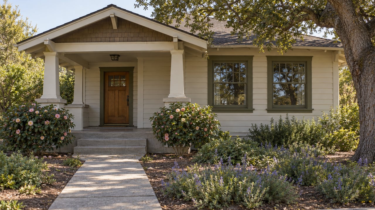 Ivory wood-sided bungalow with a recessed porch, divided-light windows, concrete walk, and mature oak.