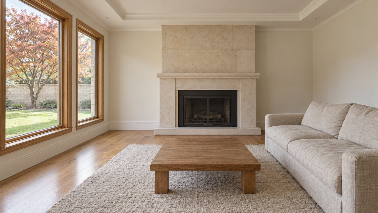 Sunlit living room with limestone fireplace, oak floors, linen sofa and tall windows overlooking an autumn garden.