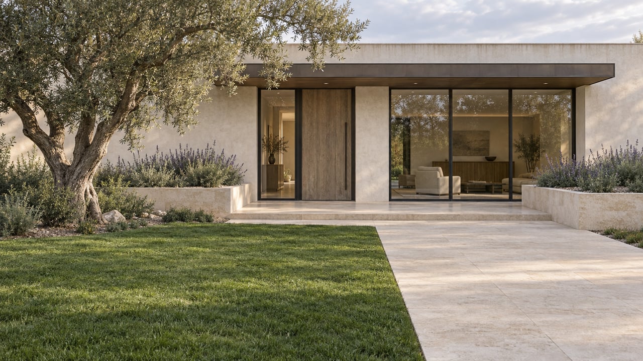 A contemporary plaster and glass residence beyond a broad limestone approach, deep lawn, and a mature olive tree.