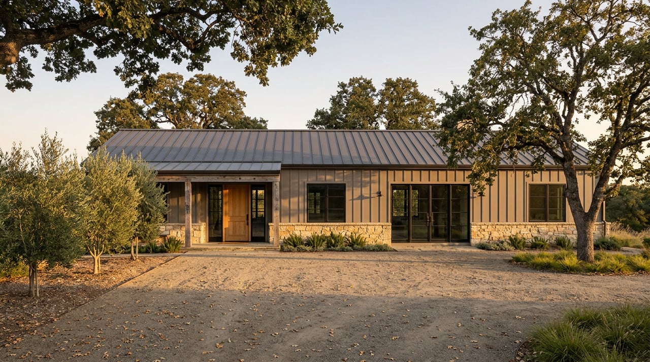 Farmhouse with taupe board-and-batten siding, fieldstone base, and charcoal metal roof, approached by an oak-shaded gravel drive.