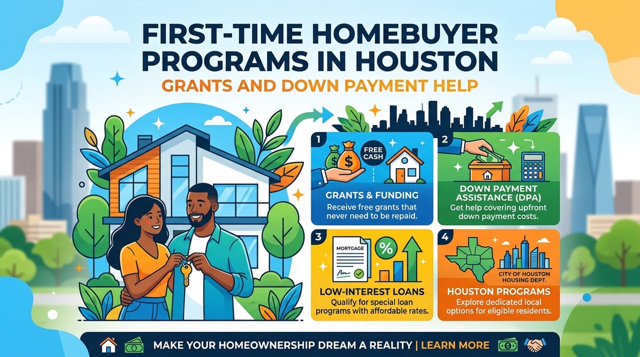 Couple holding house keys outside a Houston home with icons for grants, down payment assistance, and low-interest loan programs.