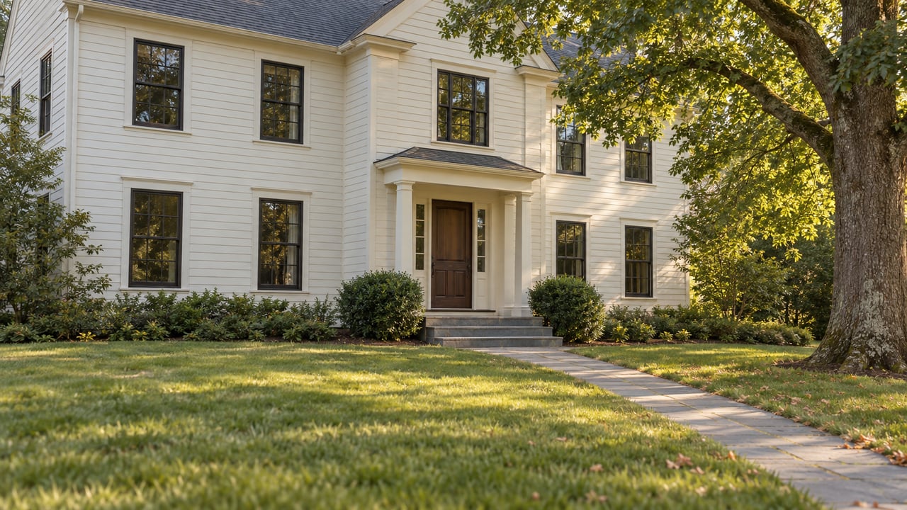 Cream two-story colonial with a dark oak entry, bluestone walkway, broad lawn, and mature oak tree.