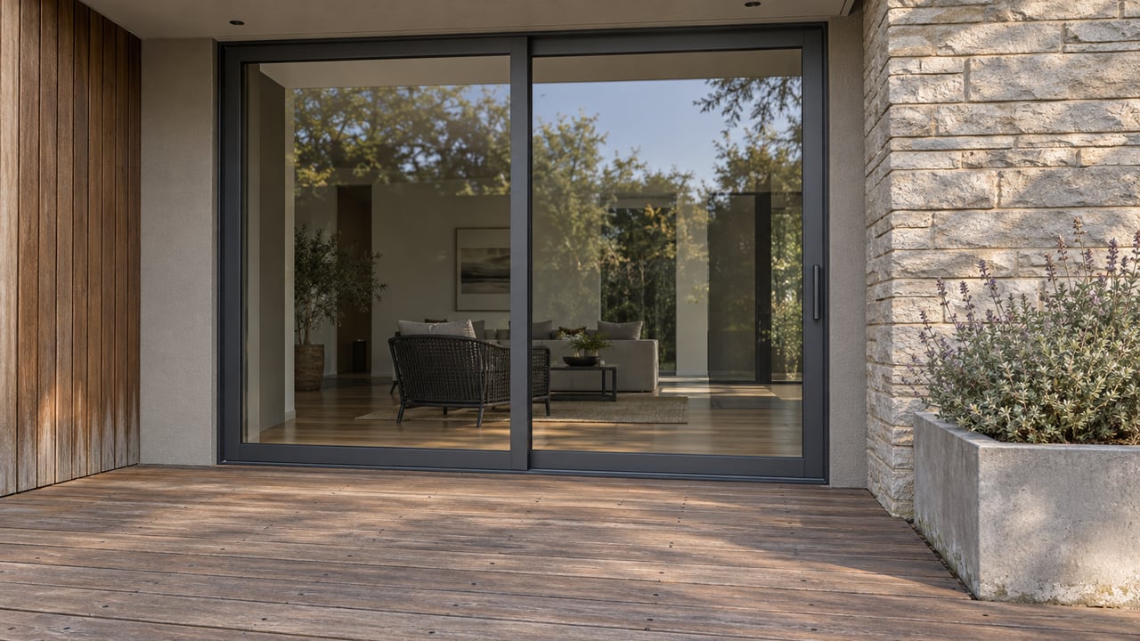 Warm timber terrace beside closed charcoal-framed glass doors, gray stone and a concrete planter holding Cleveland sage.