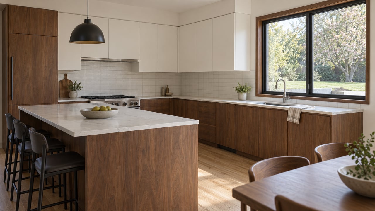 Walnut kitchen with a pale quartz island, white tile backsplash, and a window overlooking a lawn and tree.