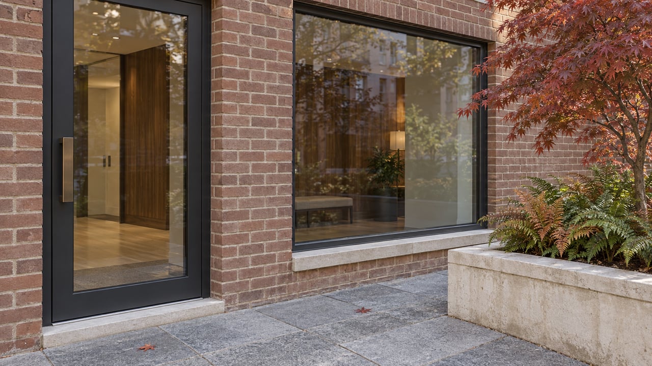 Brick condominium entrance with charcoal-framed glass, a stone terrace, and a raised bed of autumn Japanese maple and autumn ferns.