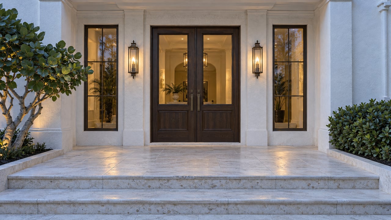 White stucco home entrance at blue hour, with bronze sconces, pale limestone steps and carefully placed tropical planting.