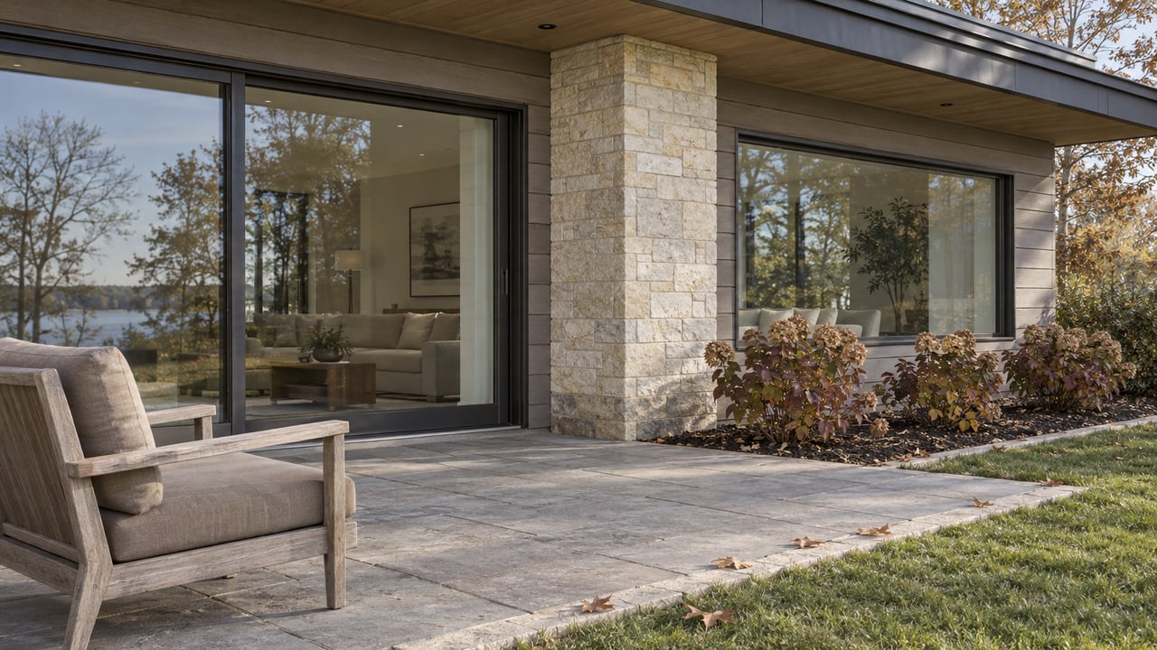 Contemporary home's sheltered terrace with limestone accents, broad windows, weathered teak seating, and burgundy oakleaf hydrangeas.