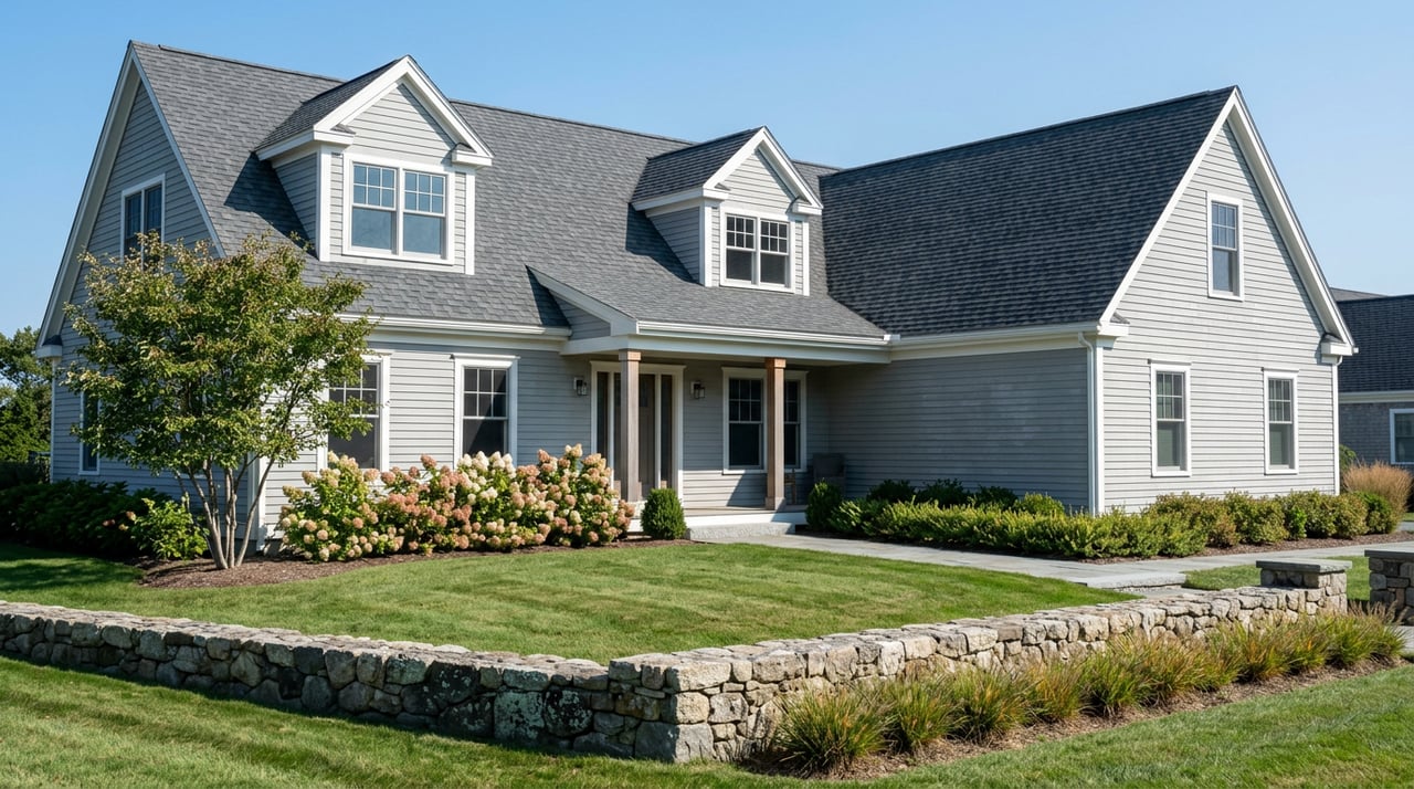 Fog-gray coastal home with steep gables and dormers beyond a sloping lawn, fieldstone wall, and flowering shrubs.