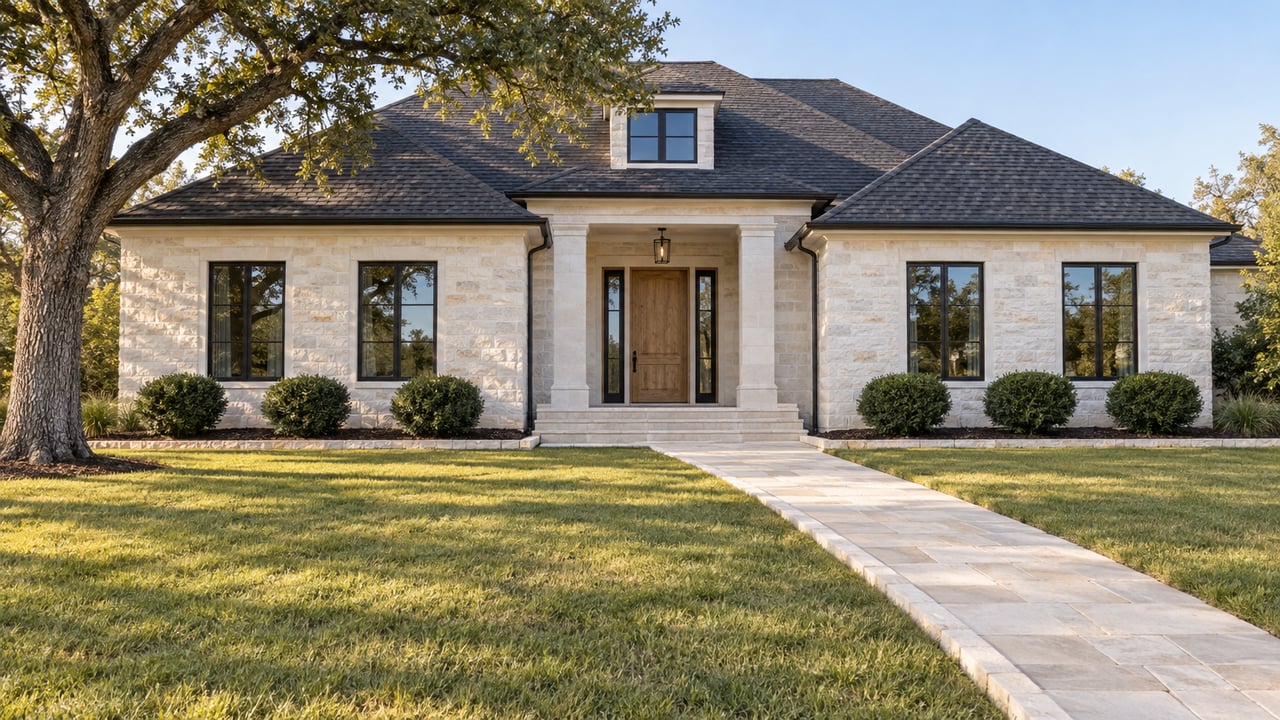 White limestone home with a dark roof, oak front door, deep lawn and stone approach beneath a spreading live oak.