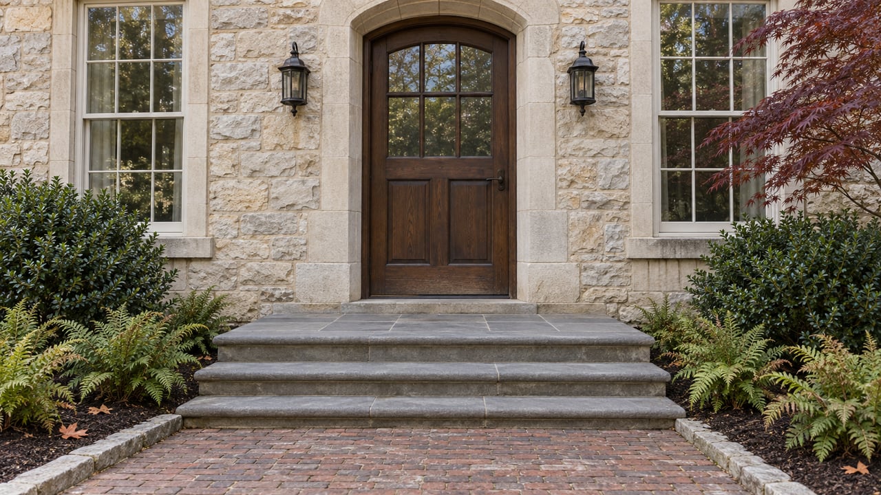 A pale limestone home entrance with a dark oak door, paired sash windows, gray stone steps and autumn planting.
