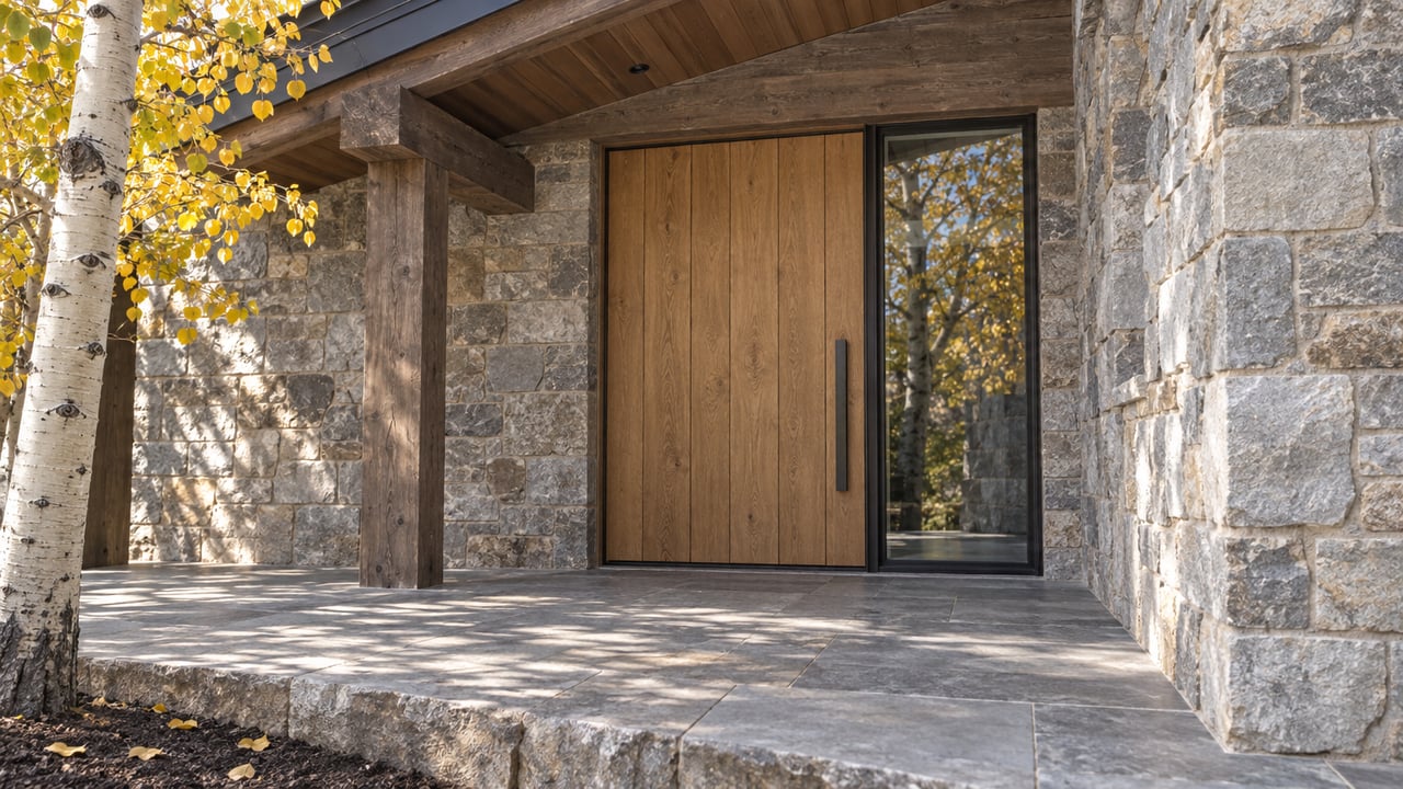 Sunlight falls across a weathered timber entry, oak door, quartzite wall and stone terrace beside a yellow-leaved aspen.
