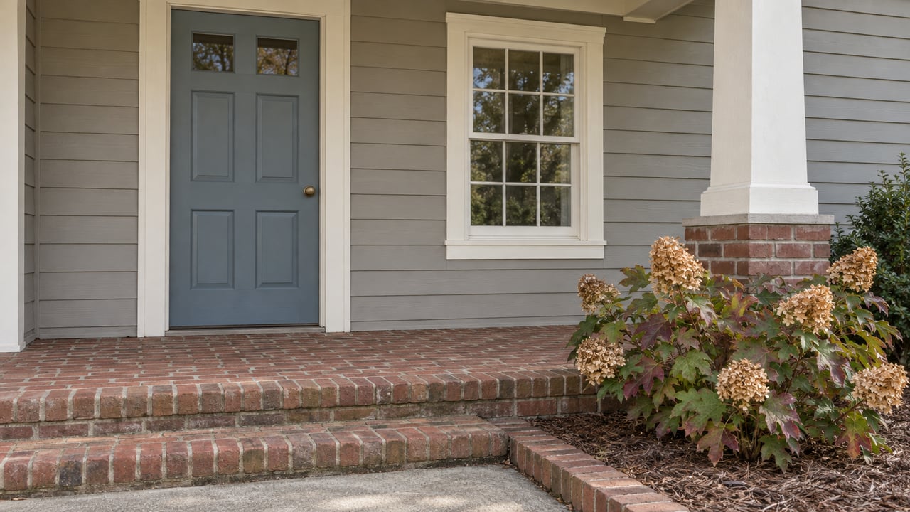 Painted wood cottage entry with a blue-gray door, divided-pane window, worn brick porch steps, and an oakleaf hydrangea.