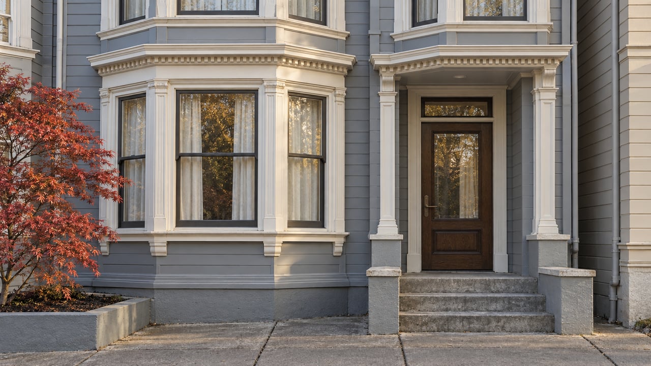 Gray-blue clapboard house with ivory bay-window trim, a recessed oak entry, worn concrete steps and a copper-leaved Japanese maple.