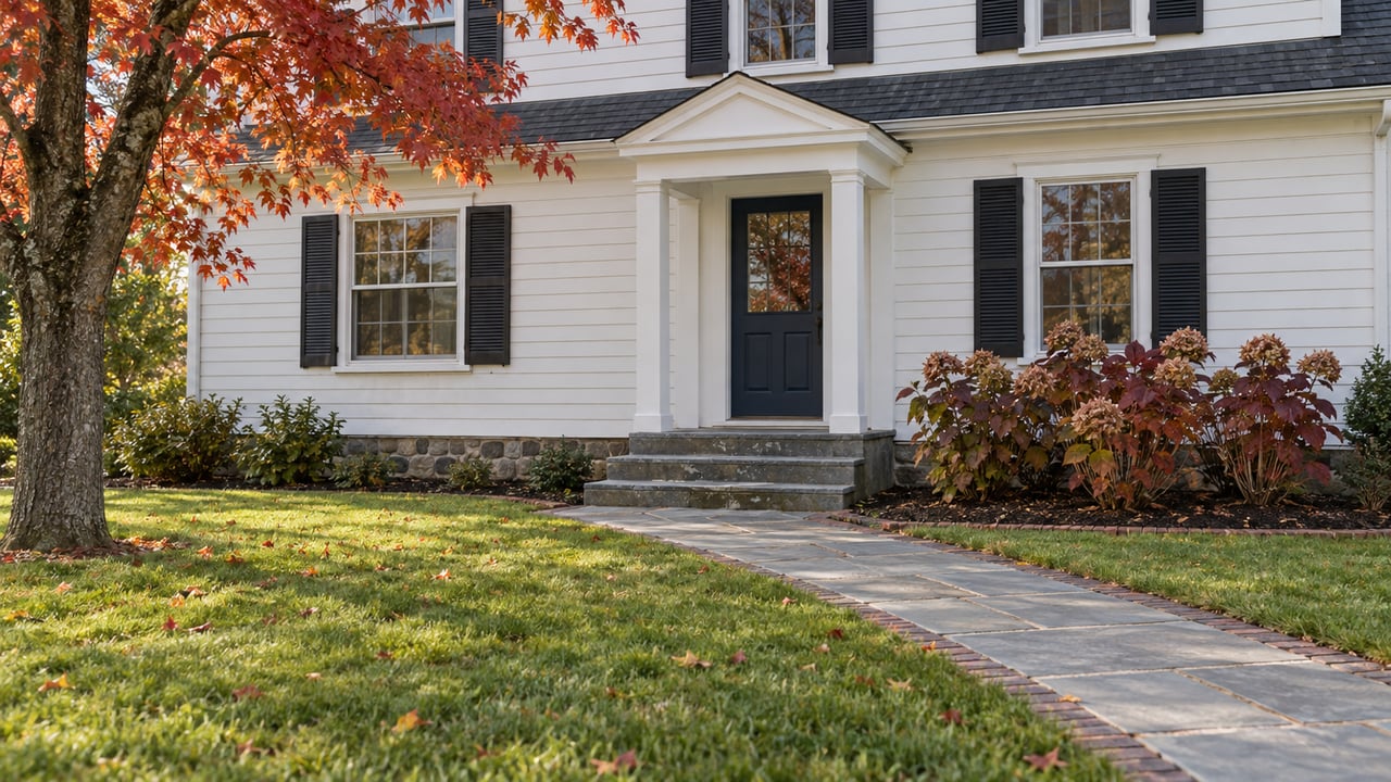 White clapboard home with black shutters, a navy entrance door, bluestone steps and an autumn lawn beneath a red maple.