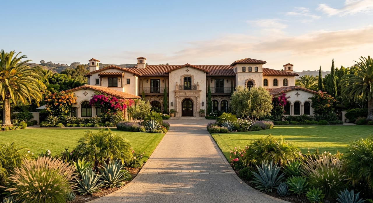 Stucco estate home with arched portico, terracotta roof, palms, curved stone walkway, and striped lawn.