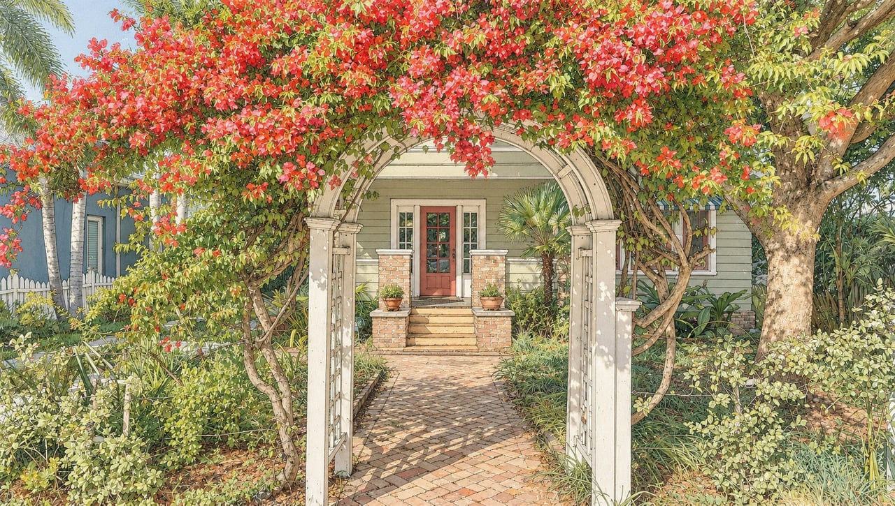 Bungalow entrance with a red door beneath a flowering arbor and surrounded by tropical garden plants.