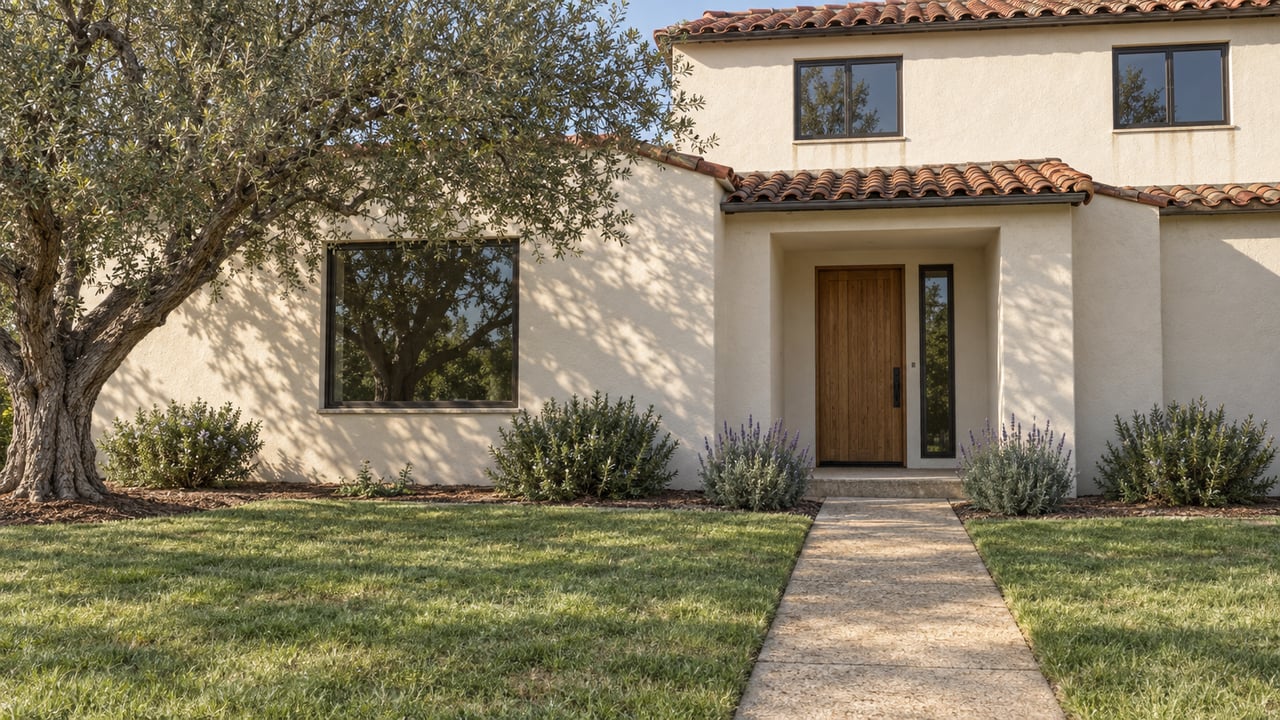Cream two-story stucco house with a red tile roof, oak entry door, lawn, walkway, and olive tree.