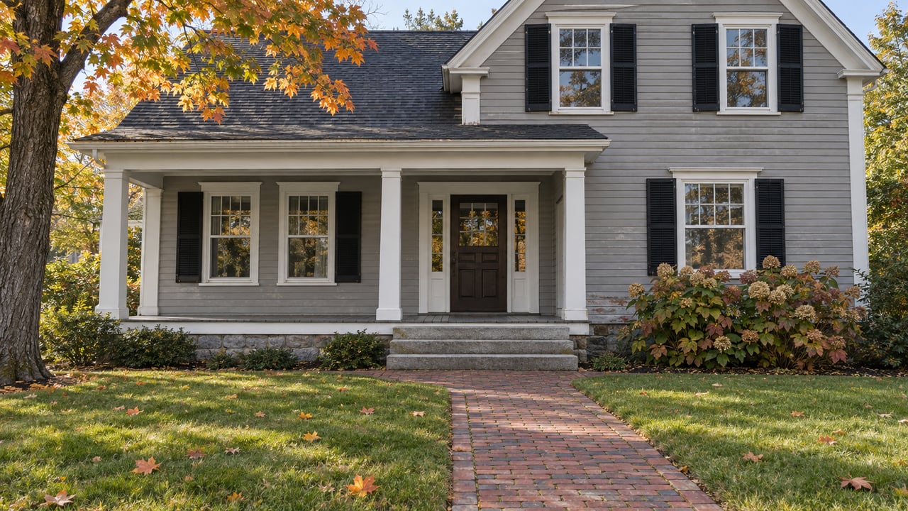 Gray clapboard house with a deep white-columned porch, granite steps and a brick walk crossing an autumn lawn beneath a maple tree.