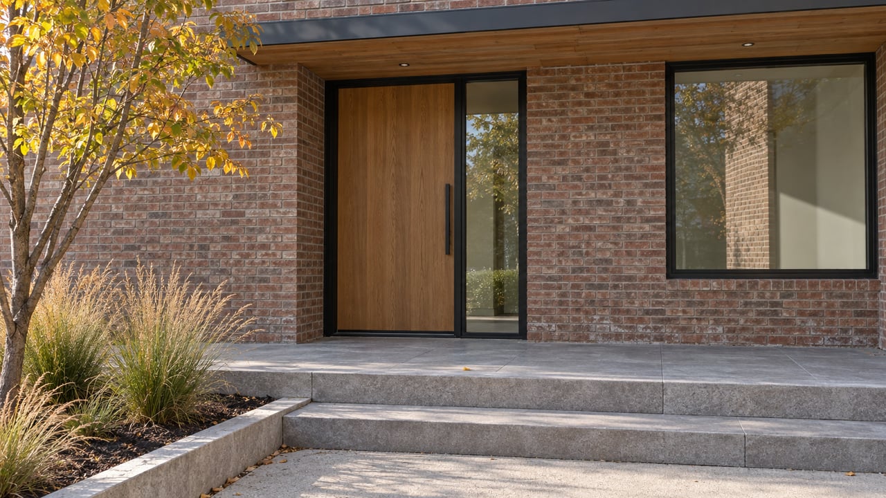 Recessed oak entry beneath a cedar-lined canopy, with reddish brick, limestone steps and copper-colored serviceberry foliage.